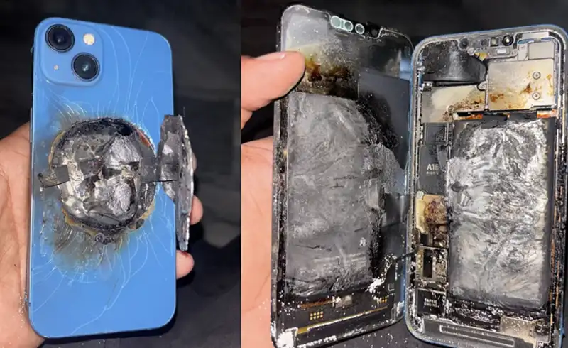 Două imagini ale aceluiași iPhone după ce o baterie aftermarket a luat foc: spatele iPhone-ului are un crater ars vizibil prin sticlă, iar interiorul arată celulele de baterie complet carbonizate — exemplu real de baterie ieftină care a intrat în thermal runaway