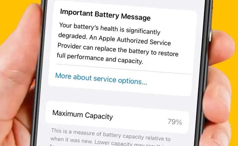 Screenshot iOS din Settings — Battery Health care afiseaza Important Battery Message: capacitatea bateriei e considerabil redusa si recomanda inlocuirea la un Apple Authorized Service Provider. Maximum Capacity afisat e 79%, sub pragul Apple de 80%