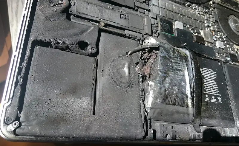 Interiorul unui MacBook Pro deschis cu bateria complet carbonizată după thermal runaway — celulele Li-Polymer s-au topit și au lăsat reziduri carbonizate pe topcase, lângă placa logică expusă, exemplu real al consecințelor unei baterii aftermarket de proastă calitate