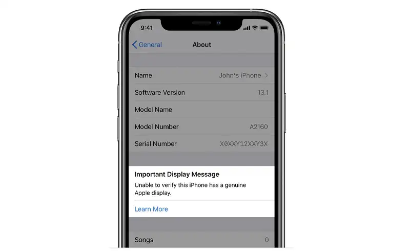 Screenshot iOS din Settings — General — About care afiseaza in josul ecranului avertismentul permanent „Important Display Message: Unable to verify this iPhone has a genuine Apple display" — semn clar ca a fost montat un display aftermarket non-Apple