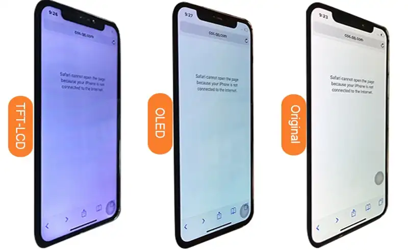 Trei iPhone-uri side-by-side cu același conținut Safari: TFT-LCD aftermarket cu cast albastru intens, OLED aftermarket cu cast cyan, vs display Apple original cu alb pur